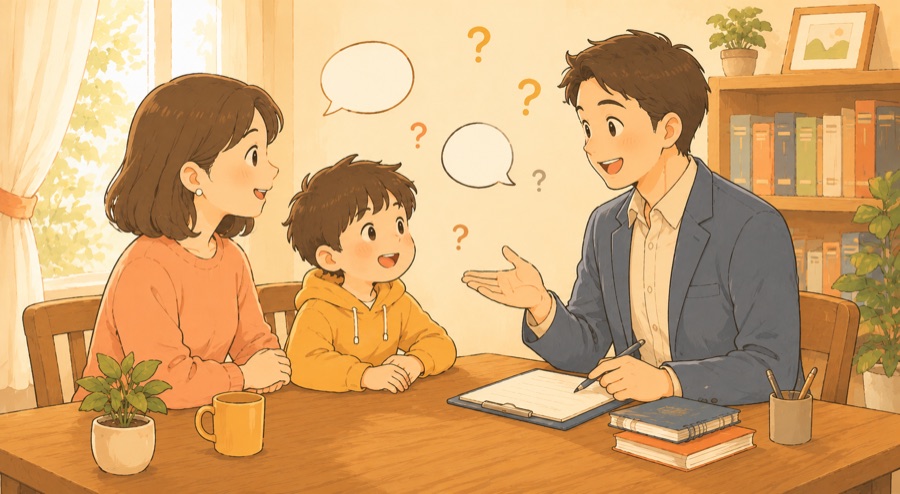 保護者・お子さんと先生が和やかに質問し合う様子のイラスト
