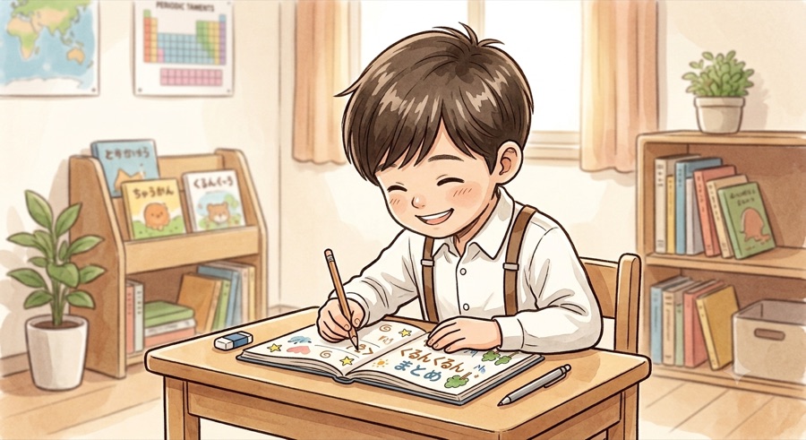 ノートに向かって楽しそうに学ぶ子供のイラスト